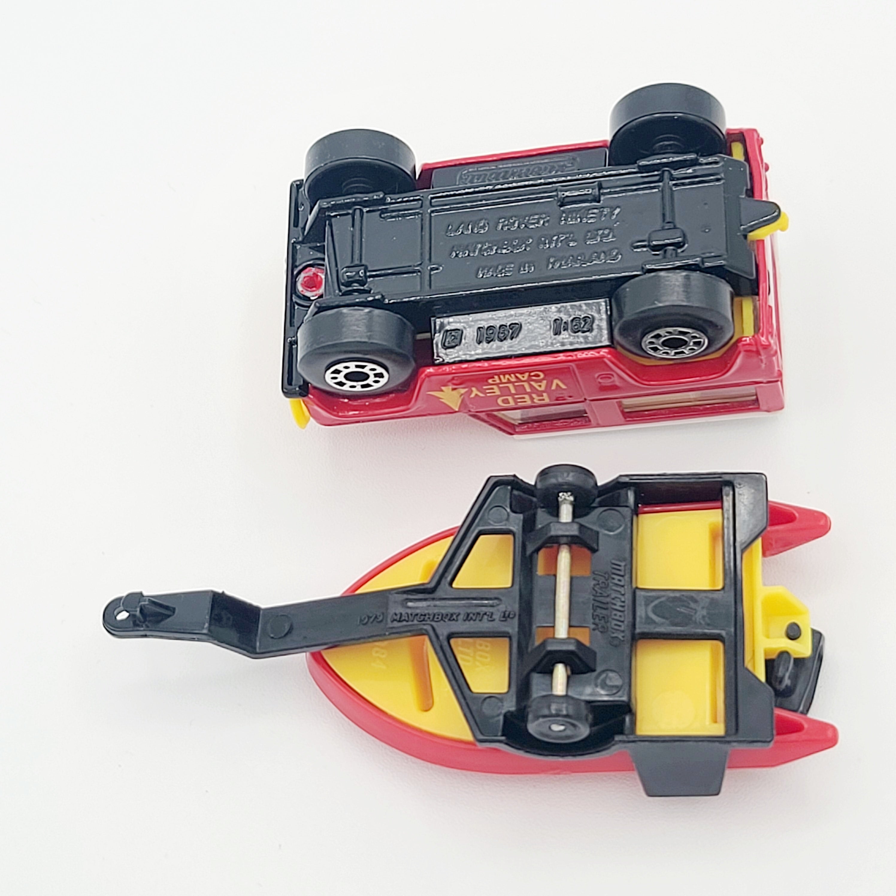Matchbox Land Rover Ninety w/ Raft Trailer "Red Valley Camp" (1997 - 1998 MBX 5 Pack Exclusive - Land, Sea & Air)
